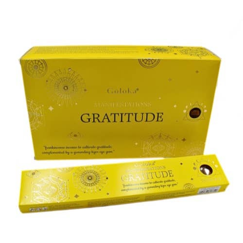 Goloka Manifestations Gratitude incense with tiger's eye gemstone