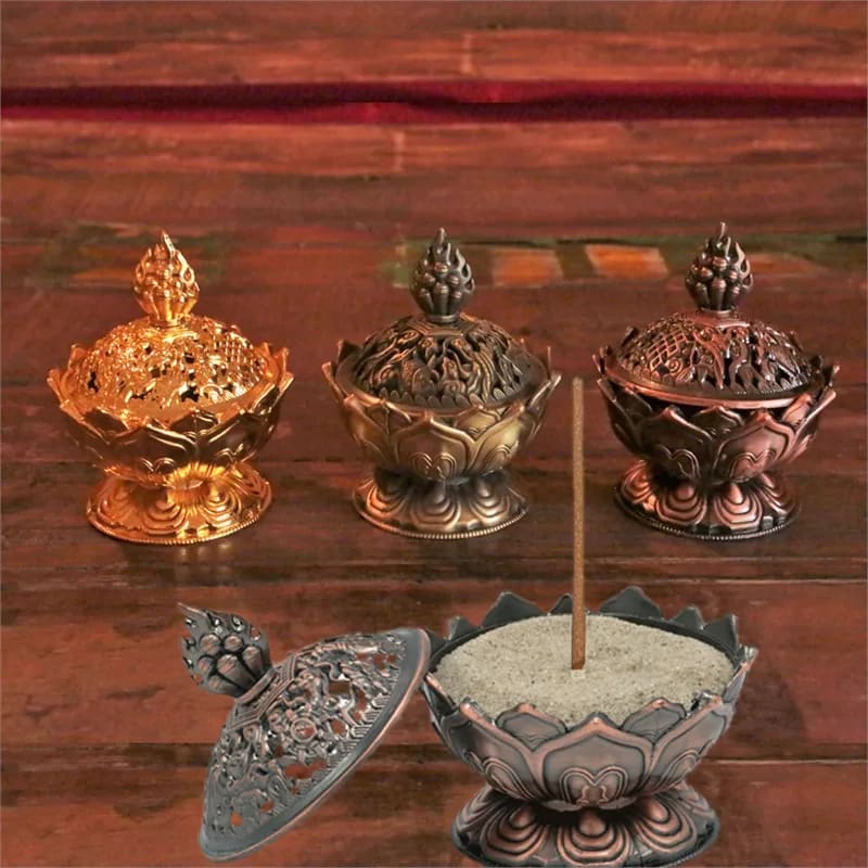 Incense Burner Lotus | Copper-colored with Tibetan Symbols | Amstercharmed