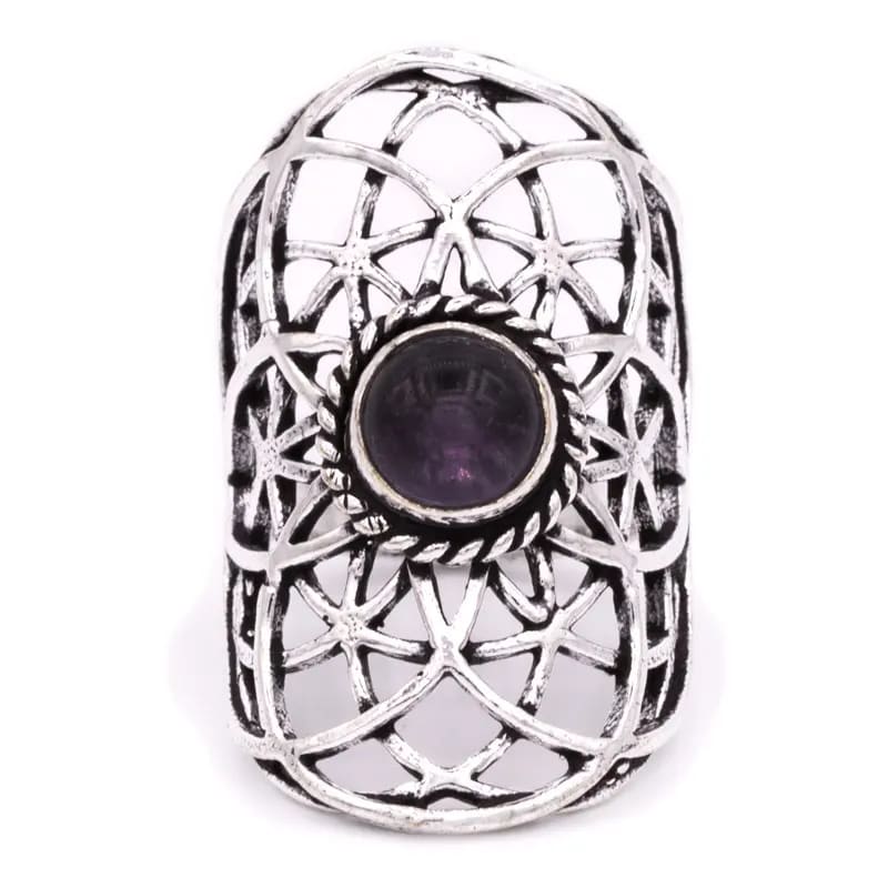 Silver-colored Seed of Life ring with amethyst