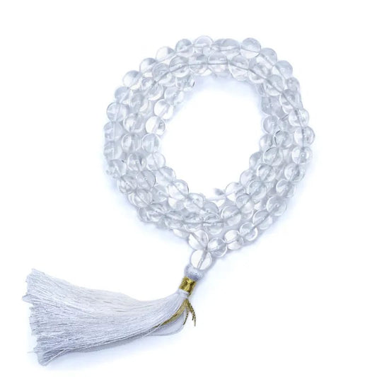Mala Rock Crystal AA-grade | White Tassel | 108 Beads + Pouch