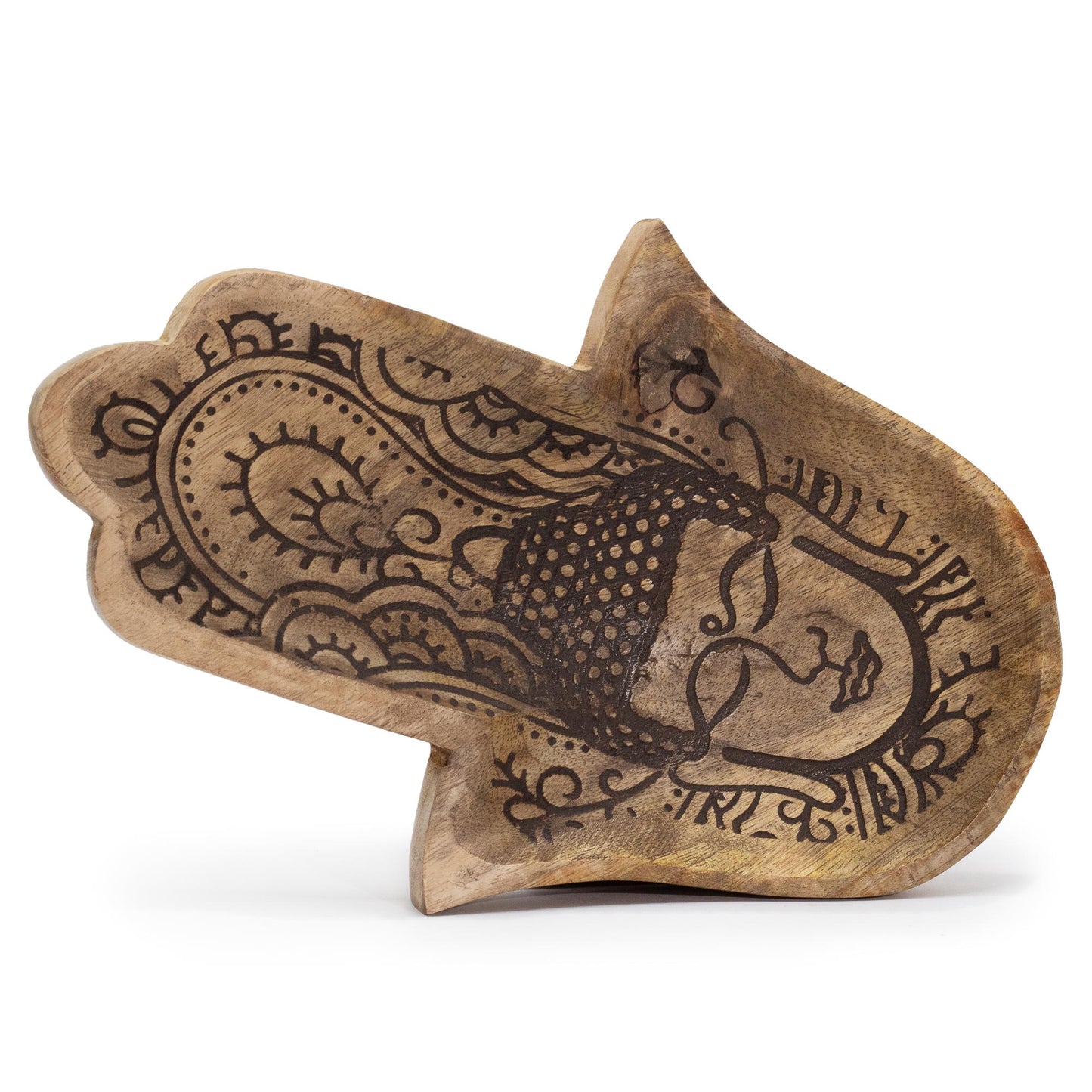 Langes Tablett 30x20,5x2,5 cm - Hamsa-Form mit Buddha Schwarz graviert