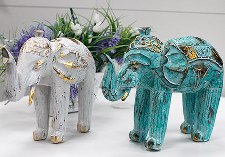 Hout Gesneden Olifant - Turkoois & Goud - 8 x 27 x 24cm