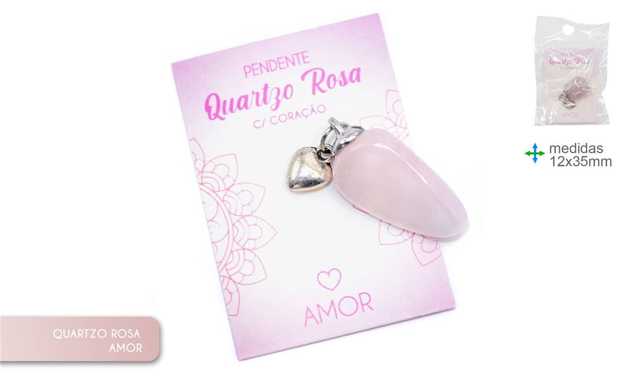 Rose Quartz Stone Pendant – 12 x 35 mm with Silver Heart