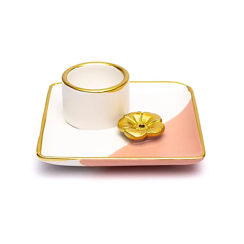 Ceramic Smudge & Incense Burner | Flower | Pink, White & Gold