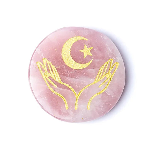 Engraved mineral disc rose quartz hands, moon and star