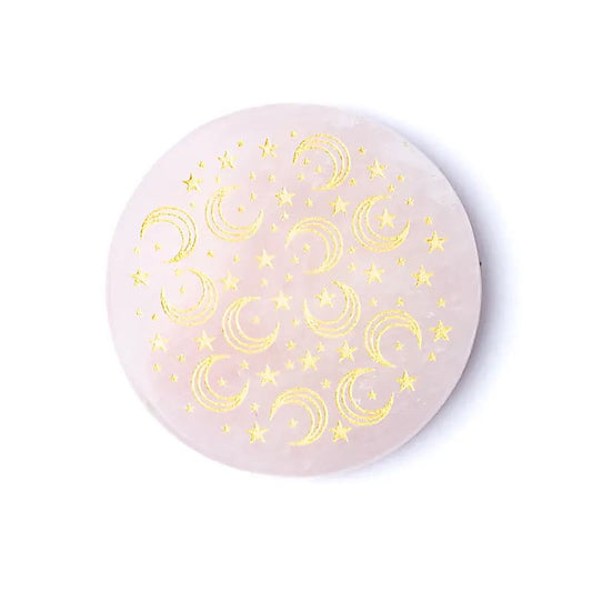 Engraved Rose Quartz Mineral Disc Moon and Stars