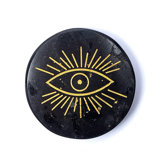 Engraved mineral disc black tourmaline all-seeing eye