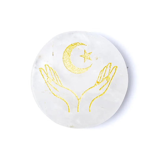 Engraved mineral disc rock crystal hands, moon and star