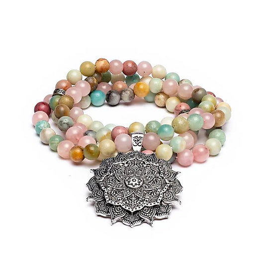 Mala Rose Quartz, Amazonite & Rhodonite | Lotus Charm | 108 Beads + Gift Bag
