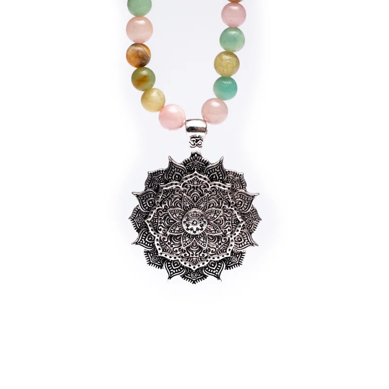 Mala Rose Quartz, Amazonite & Rhodonite | Lotus Charm | 108 Beads + Gift Bag