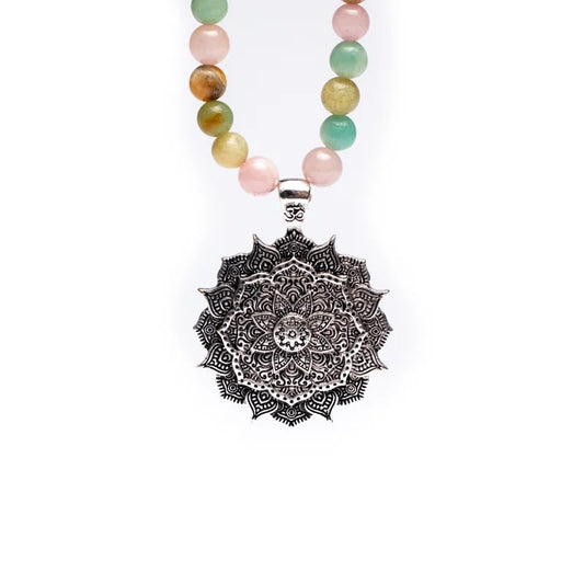Mala Rose Quartz, Amazonite & Rhodonite | Lotus Charm | 108 Beads + Gift Bag