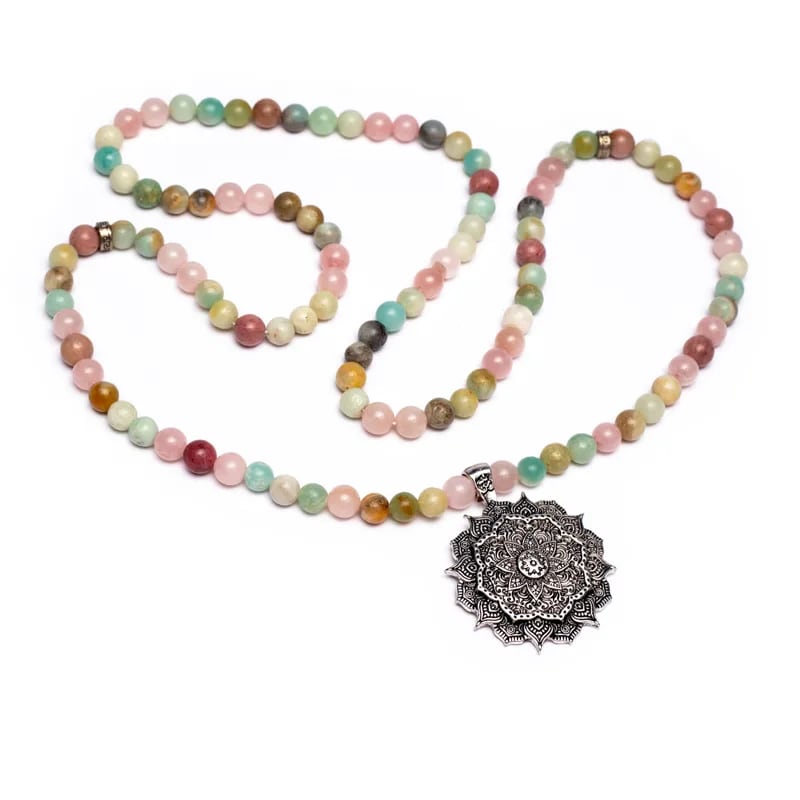 Mala Rose Quartz, Amazonite & Rhodonite | Lotus Charm | 108 Beads + Gift Bag