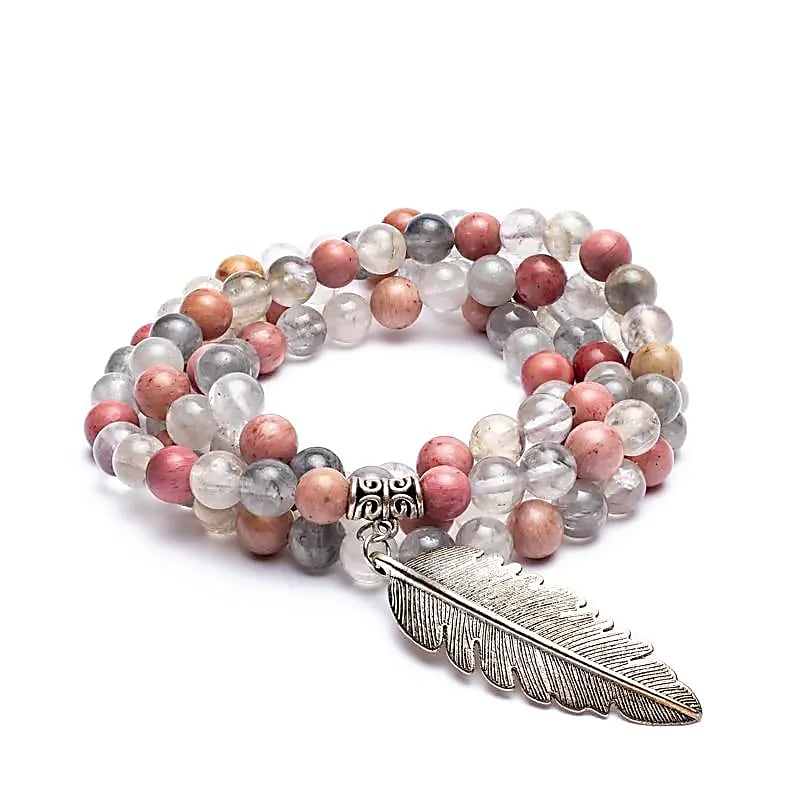 Rhodonite & Grey Quartz Mala | Feather Charm | 108 Beads + Gift Bag