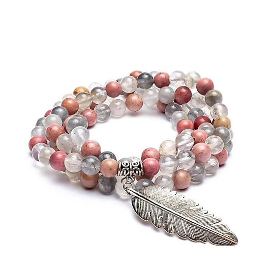 Rhodonite & Grey Quartz Mala | Feather Charm | 108 Beads + Gift Bag