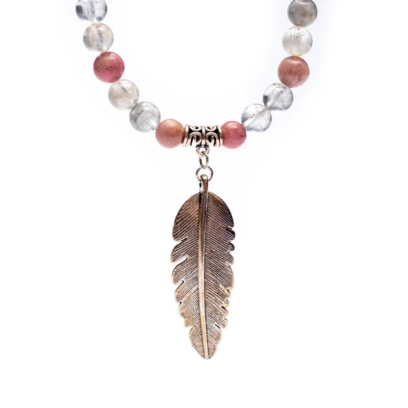 Rhodonite & Grey Quartz Mala | Feather Charm | 108 Beads + Gift Bag