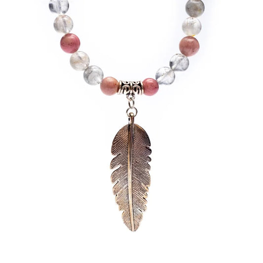 Rhodonite & Grey Quartz Mala | Feather Charm | 108 Beads + Gift Bag