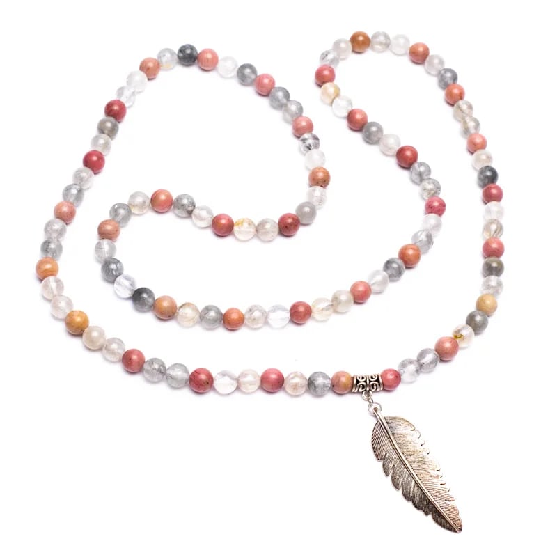 Rhodonite & Grey Quartz Mala | Feather Charm | 108 Beads + Gift Bag