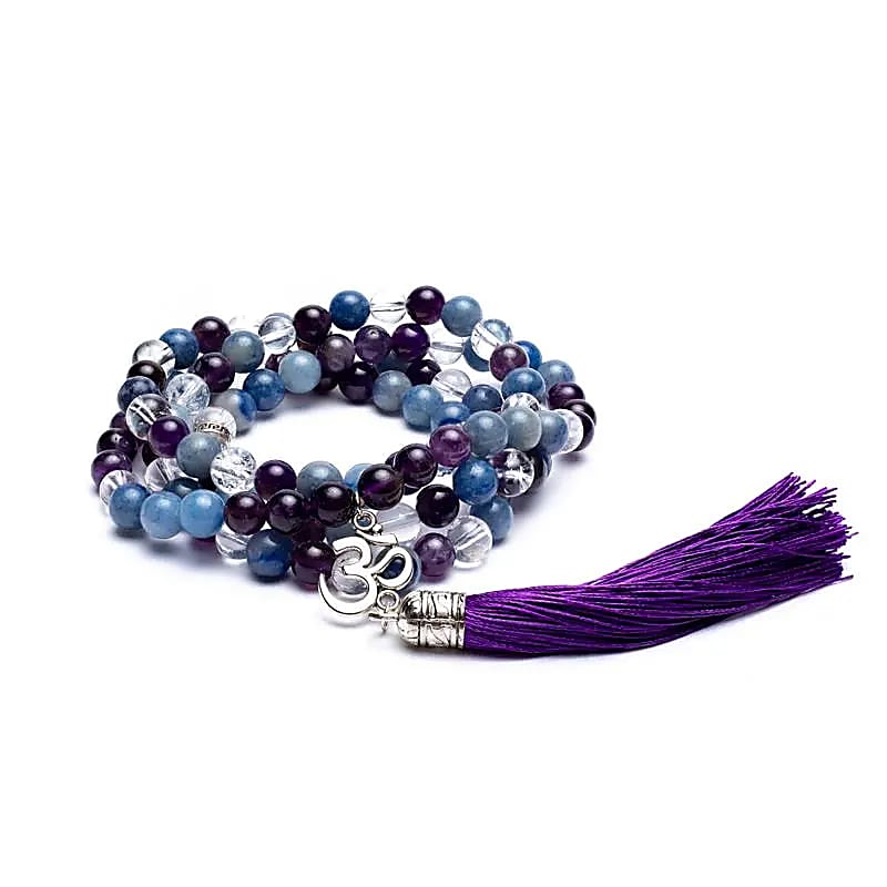 Amethyst, Aventurine & Rock Crystal Mala | Ohm Charm | 108 Beads + Gift Bag