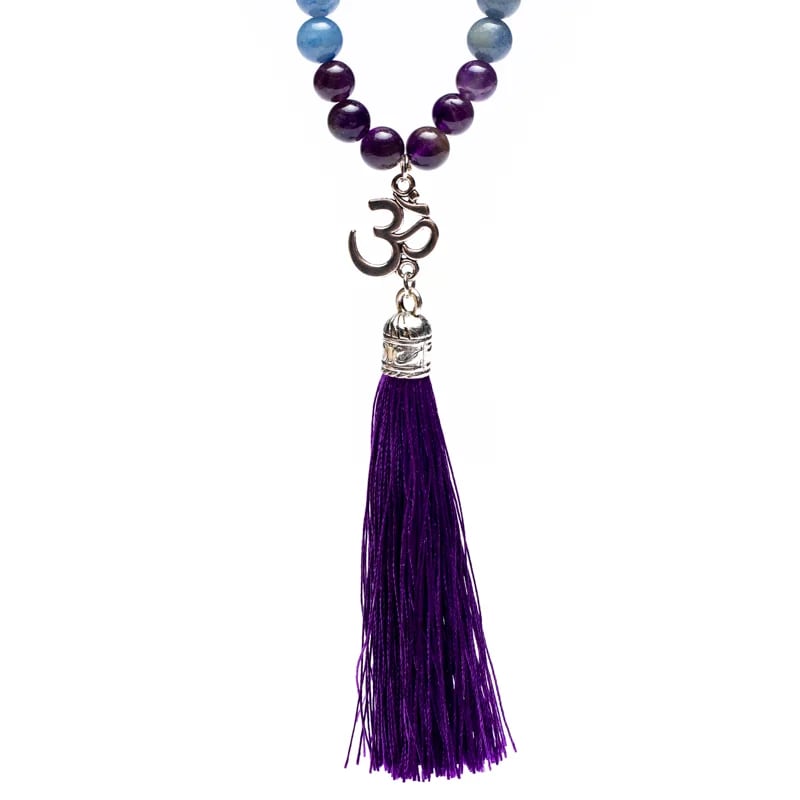 Amethyst, Aventurine & Rock Crystal Mala | Ohm Charm | 108 Beads + Gift Bag
