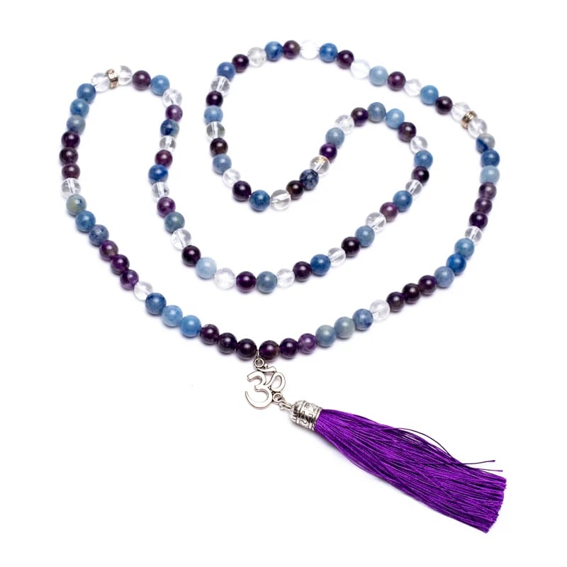 Amethyst, Aventurine & Rock Crystal Mala | Ohm Charm | 108 Beads + Gift Bag