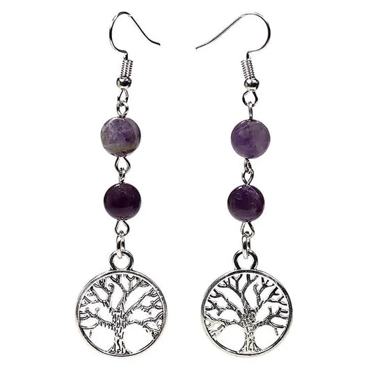 Earrings With Fluorite And Amethyst Tree of Life Symbol
