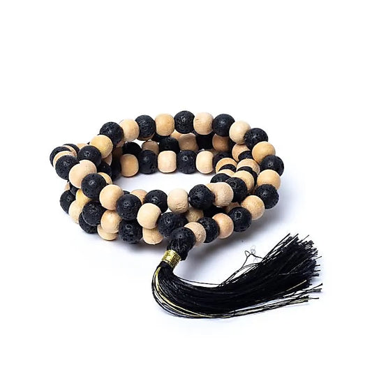 Tulsi Wood & Lava Stone Mala | 108 Beads + Pouch