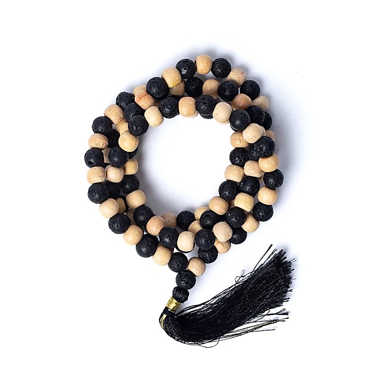 Tulsi Wood & Lava Stone Mala | 108 Beads + Pouch