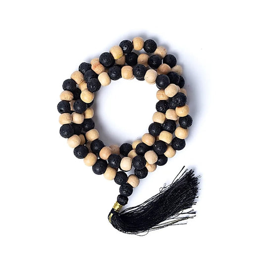 Tulsi Wood & Lava Stone Mala | 108 Beads + Pouch