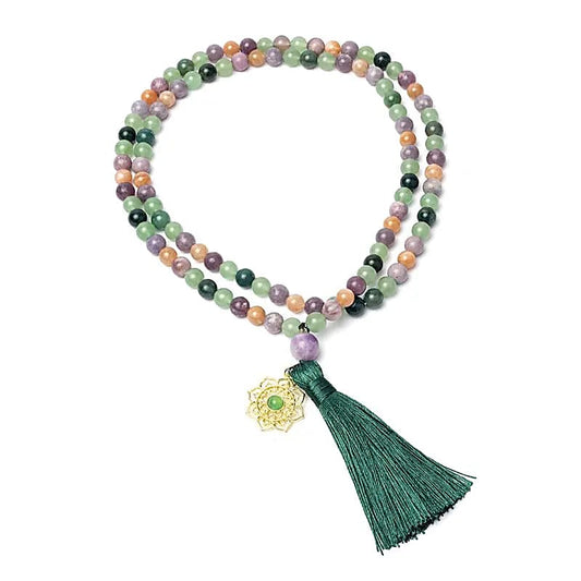 Mala Moss Agate, Aventurine, Lepidolite & Sunstone | Mandala Pendant | 108 Beads
