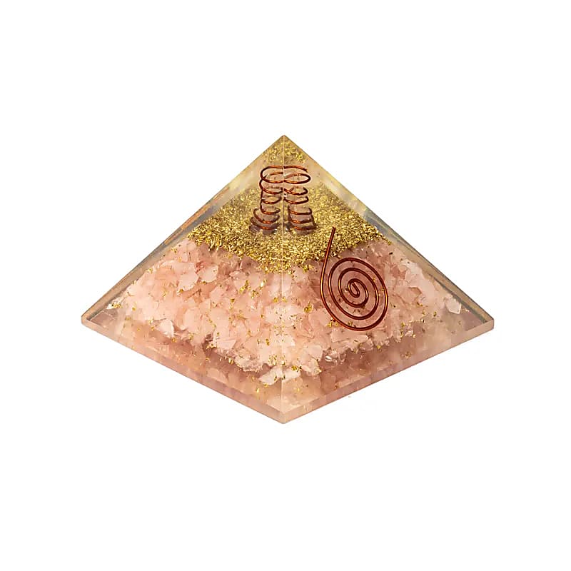 Orgoniet piramide rozenkwarts met hart 7 cm