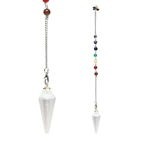 Selenite Pendulum Droplet – With 7 Chakra Chain for Dowsing & Meditation