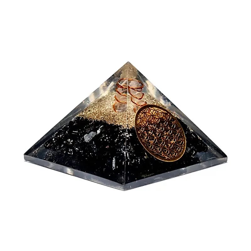 Orgonit-Pyramide Schwarzer Turmalin | Blume des Lebens & Bergkristall | 7cm