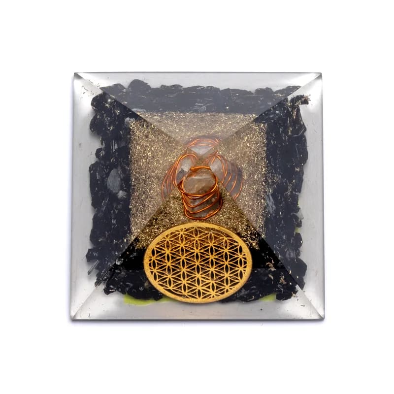 Orgonit-Pyramide Schwarzer Turmalin | Blume des Lebens & Bergkristall | 7cm