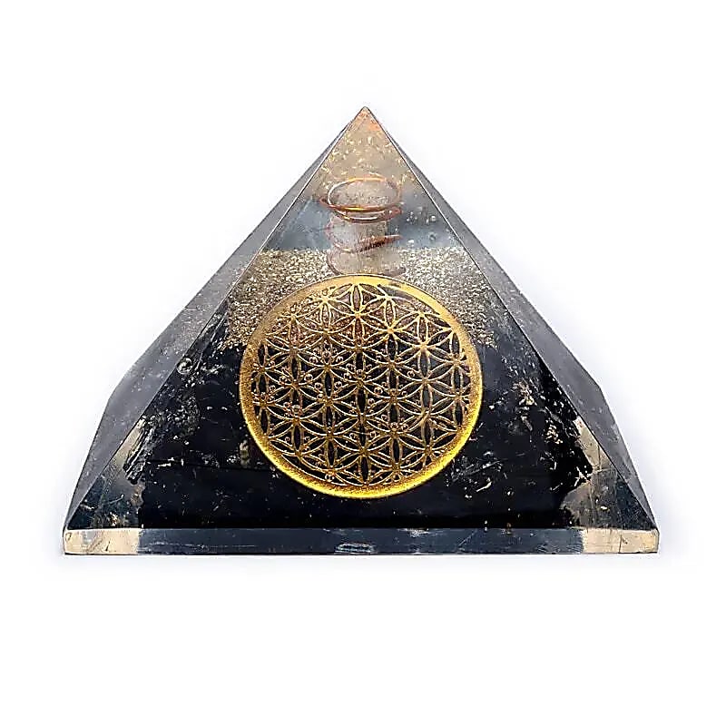 Orgonit-Pyramide Schwarzer Turmalin | Blume des Lebens & Bergkristall | 7cm