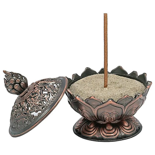Räuchergefäß Lotus | Kupferfarben mit tibetischen Symbolen | Amstercharmed