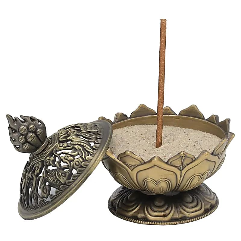 Lotus Incense Burner | Bronze with Tibetan Symbols | Amstercharmed