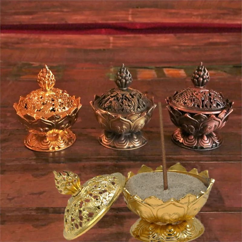 Incense Burner Lotus | Gold-colored with Tibetan Symbols | Amstercharmed