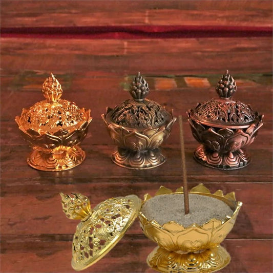 Räuchergefäß Lotus | Goldfarben mit tibetischen Symbolen | Amstercharmed