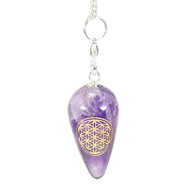 Crystal Pendulum Amethyst - Flower of Life Teardrop for Dowsing & Protection