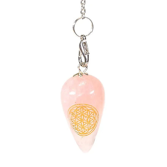 Crystal Pendulum Rose Quartz – Flower of Life Teardrop Shape for Dowsing & Love
