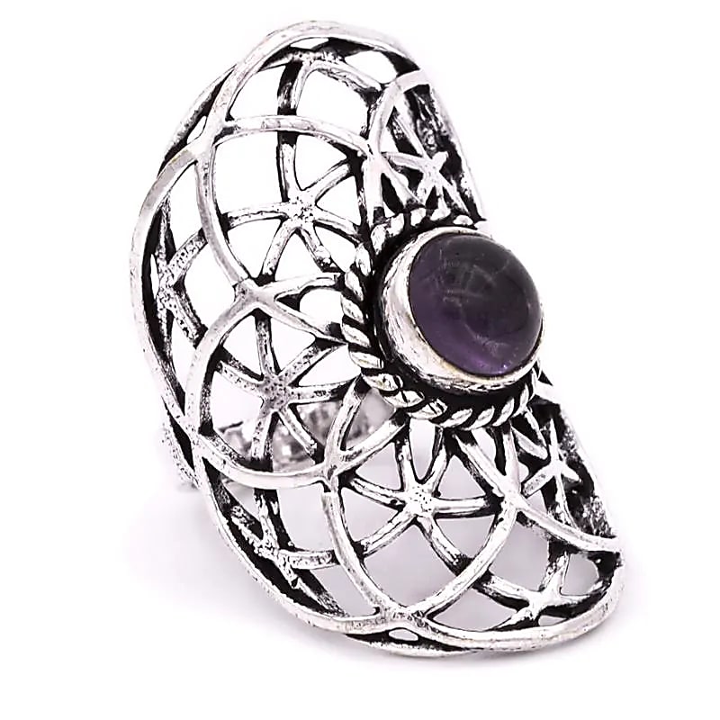 Silver-colored Seed of Life ring with amethyst