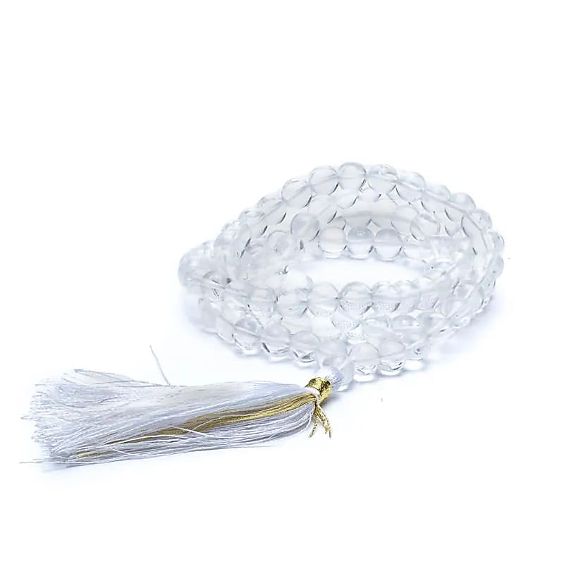 Mala Rock Crystal AA-grade | White Tassel | 108 Beads + Pouch