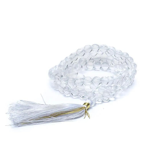 Mala Rock Crystal AA-grade | White Tassel | 108 Beads + Pouch