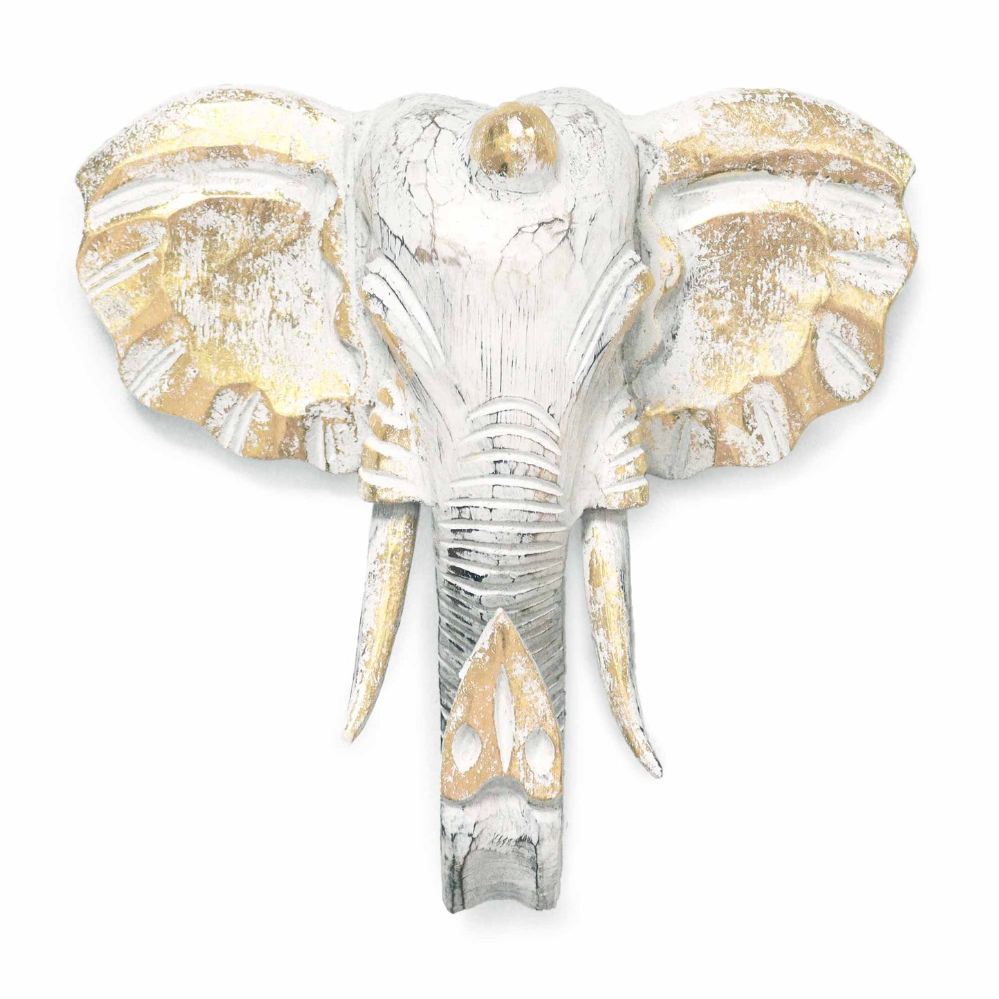 Elephant Head Wall Decoration | Gold & Whitewash | 29×26cm