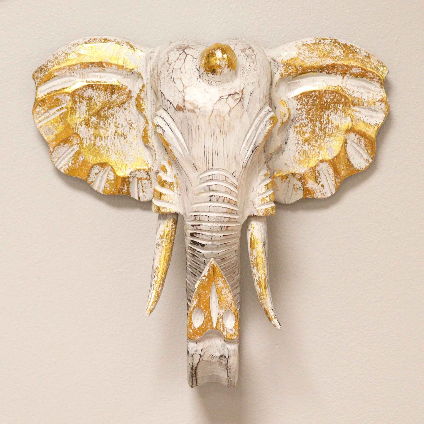 Elephant Head Wall Decoration | Gold & Whitewash | 29×26cm
