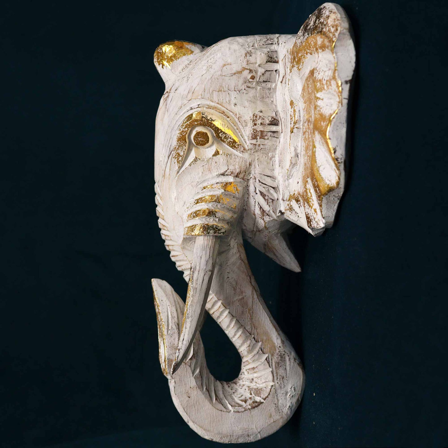 Elephant Head Wall Decoration | Gold & Whitewash | 29×26cm