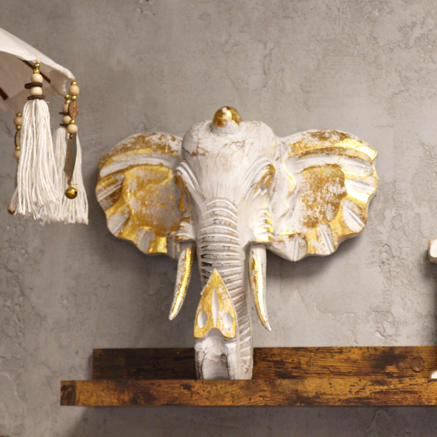 Elephant Head Wall Decoration | Gold & Whitewash | 29×26cm