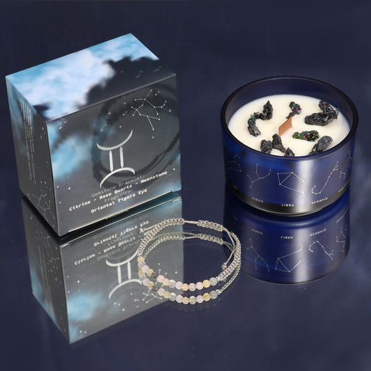 Zodiac Crystal Candle with Gemstone Bracelet | Gemini — Dynamics & Adaptability