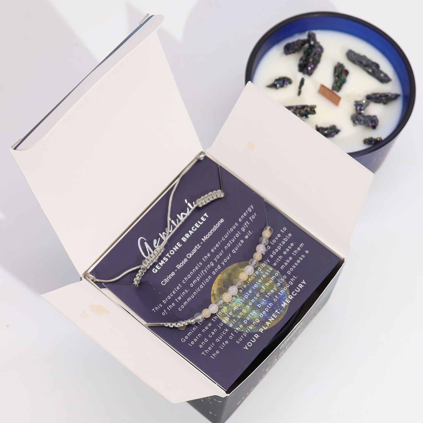 Zodiac-Kristallkerze mit Edelstein-Armband | Zwillinge – Dynamik & Anpassungsfähigkeit