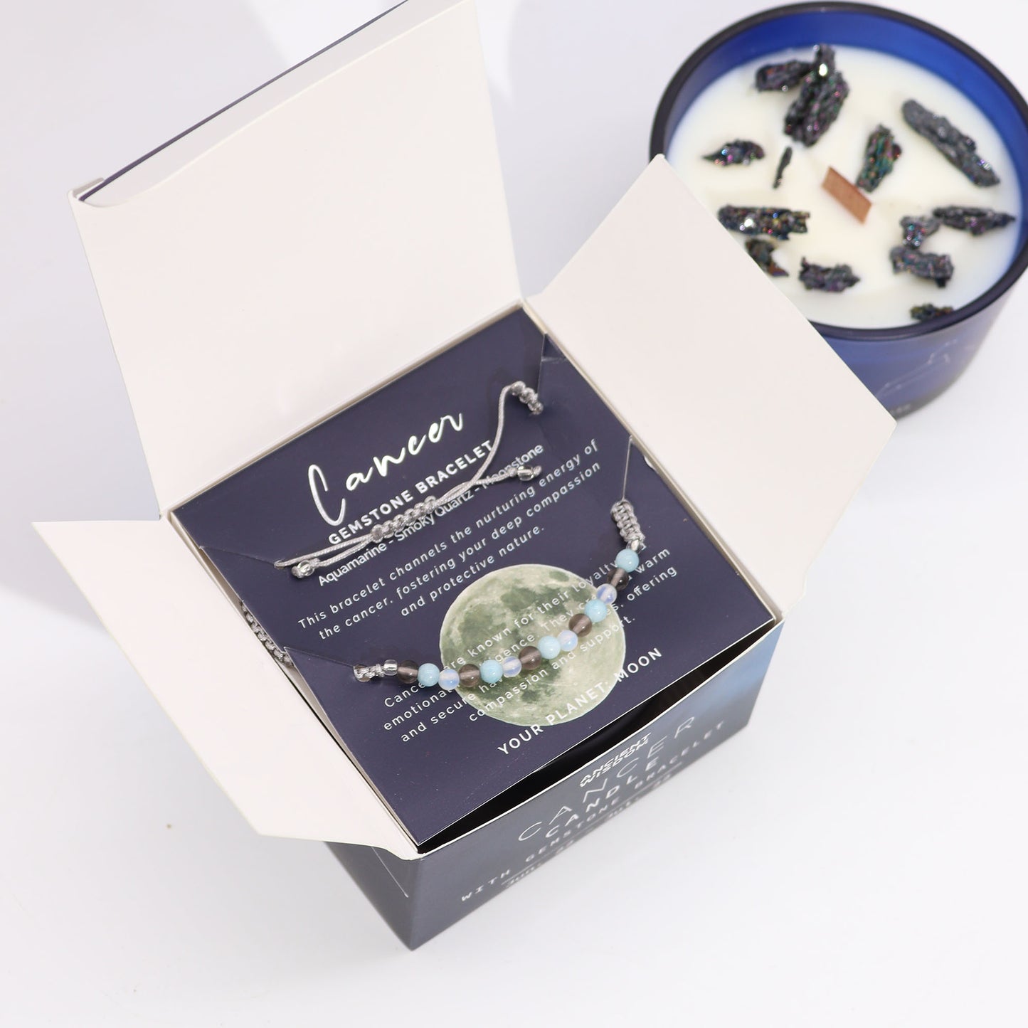 Zodiac Crystal Candle with Gemstone Bracelet | Cancer — Intuition & Care
